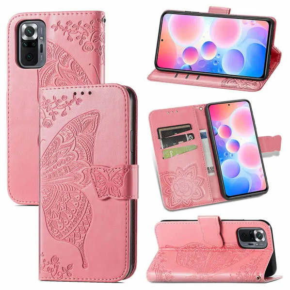 Xiaomi Redmi Note 10 Pro Embossed Butterfly Leather Wallet Case with Wrist Strap and Crossbody Strap